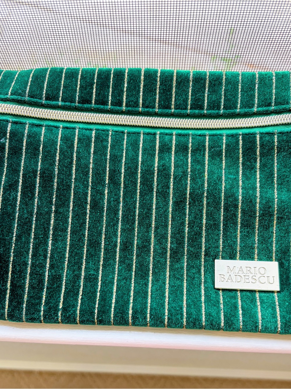 Mario Badescu Emerald Green Velvet Pinstripe Cosmetic Pouch